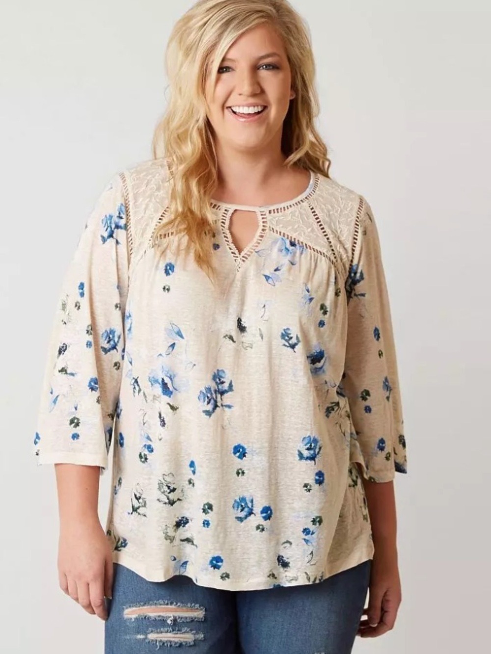 Lucky Brand cream top blouse blue floral lace trim linen blend 3X